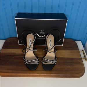 Nina Anna Black Luster Satin Strappy Heels Size 7